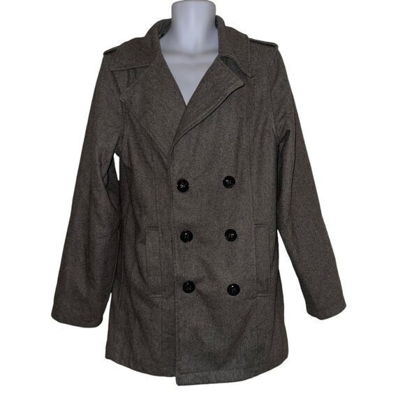 Black Other - Rare Black Brand Pea Coat Mens L Gray Wool Pockets Lined Collared Dress Work